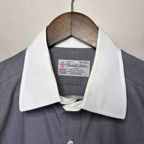 Turnbull & Asser Dress Shirt Sz 16.5-42 Gray White Contrast French Cuff